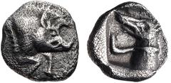 DYNASTS of LYCIA. Uncertain dynast. Circa 480/70-430 BC. AR Hemiobol (6mm, 0.27 g, 12h). Forepart of boar right / Leashed head and neck of hound left. Falghera -; Vismara -; SNG Copenhagen Supp. -; Tr