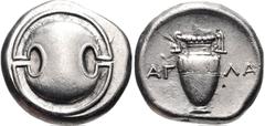 BOEOTIA, Thebes. Circa 395-338 BC. AR Stater (21mm, 12.22 g). Agla-, magistrate. Struck circa 363-338 BC. Boeotian shield / Amphora; AΓ-ΛA across field; all within concave circle. Hepworth 1; BCD Boio