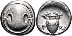 BOEOTIA, Thebes. Circa 395-338 BC. AR Stater (20mm, 12.18 g). Arka-, magistrate. Struck circa 368-364 BC. Boeotian shield / Amphora with two ivy leaves on each handle; AP-KA across central field; all 