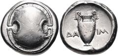 BOEOTIA, Thebes. Circa 395-338 BC. AR Stater (21mm, 12.28 g). Daim-, magistrate. Struck circa 379-368 BC. Boeotian shield / Amphora; ΔA-IM across field; all within concave circle. Hepworth 18; BCD Boi