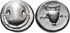 BOEOTIA, Thebes. Circa 395-338 BC. AR Stater (21mm, 12.17 g). Kal(l)i-, magistrate. Struck circa 363-338 BC. Boeotian shield / Amphora; KA-ΛI across field; all within concave circle. Hepworth 62; BCD 