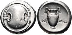 BOEOTIA, Thebes. Circa 395-338 BC. AR Stater (21mm, 12.20 g). Klion-, magistrate. Struck circa 368-364 BC. Boeotian shield / Amphora; KΛI-ΩN across field; all within concave circle. Hepworth 70; BCD B