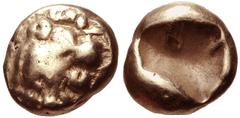 KINGS of LYDIA. Alyattes. Circa 610-560 BC. EL Hemihekte – Twelfth Stater (8mm, 1.16 g). Sardes mint. Head of lion right, sun on forehead / Incuse square punch. Weidauer Group XVI, 90. VF.