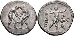 PAMPHYLIA, Aspendos. Circa 330/25-300/250 BC. AR Stater (25mm, 10.53 g, 1h). Two wrestlers grappling; ΠO between / Slinger to right; forepart of a horse and a Phrygian helmet to right. Tekin Series E;