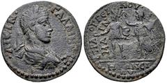 LYDIA, Magnesia ad Sipylum. Gallienus. AD 253-268. Æ (27mm, 7.87 g, 6h). Aurelius Loggeinos, strategos. Laureate, draped, and cuirassed bust right / Amazon standing left, being crowned by Nike standin