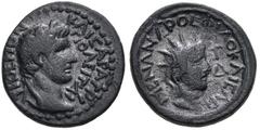 LYDIA, Tripolis. Tiberius. AD 14-37. Æ (21mm, 5.99 g, 12h). Menandros Metrodoros, magistrate. Laureate head of Tiberius right / Radiate head of Helios right. RPC I 3056; SNG Copenhagen 743. VF, dark g