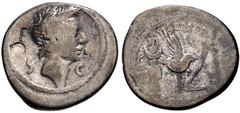 The Caesarians. Julius Caesar. 40 BC. AR Denarius (18mm, 3.45 g, 6h). Rome mint. Tiberius Sempronius Graccus, moneyer. Laureate head of right / Signum, aquila, plough, and decempeda (measuring rod). C