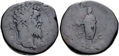 Didius Julianus. AD 193. Æ Sestertius (30mm, 23.19 g, 1h). Rome mint. Laureate head right / Didius standing left, holding globe and volumen. RIC IV 16; Banti 6. Near Fine, smooth, dark brown patina. R