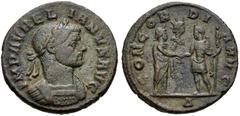 Aurelian. AD 270-275. Æ As (23mm, 6.91 g, 12h). Rome mint, 4th officina. 11th emission, AD 275. Laureate and cuirassed bust right / Severina and Aurelian, holding scepter, standing facing one another 