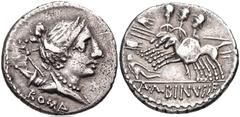 A. Albinus Sp.f. 96 BC. AR Denarius (19mm, 3.84 g, 9h). Rome mint. Draped bust of Diana right, bow and quiver over shoulder / Three horsemen galloping left, holding shields and spears; warrior falling