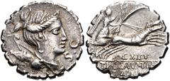 Ti. Claudius Ti.f. Ap.n. Nero. 79 BC. AR Serrate Denarius (19mm, 3.54 g, 7h). Rome mint. Draped bust of Diana right, bow and quiver over shoulder / Victory driving galloping biga right, holding wreath