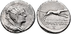 C. Postumius. 73 BC. AR Denarius (19mm, 3.89 g, 5h). Rome mint. Draped bust of Diana right, bow and quiver over shoulder / Hound running right; spear below, TA monogram in exergue. Crawford 394/1a; Sy