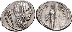 L. Hostilius Saserna. 48 BC. AR Denarius (20mm, 3.88 g, 6h). Rome mint. Bare head of Gallia right; carnyx (Gallic trumpet) behind / Diana standing facing, holding spear and stag by its antler. Crawfor