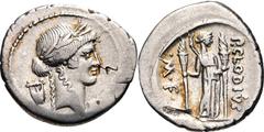 P. Clodius M.f. Turrinus. 42 BC. AR Denarius (20mm, 3.76 g, 9h). Rome mint. Laureate head of Apollo right; lyre behind / Diana Lucifera standing right, bow and quiver over shoulder, holding lighted to