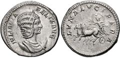 Julia Domna. Augusta, AD 193-217. AR Antoninianus (22mm, 5.84 g, 1h). Rome mint. Struck under Caracalla, AD 215-217. Draped bust right, wearing stephane, set on crescent / Luna, with fold of drapery f