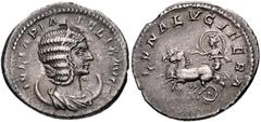 Julia Domna. Augusta, AD 193-217. AR Antoninianus (23mm, 3.62 g, 12h). Rome mint. Struck under Caracalla, AD 215-217. Draped bust right, wearing stephane, set on crescent / Luna, with fold of drapery 