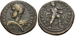 Elagabalus. AD 218-222. Æ Tetrassarion (27mm, 11.59 g, 7h). Tomis (Moesia Inferior) mint. Laureate and cuirassed bust left, holding shield and spear / Artemis advancing right, drawing arrow from quive