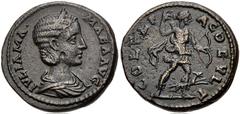 Julia Mamaea. Augusta, AD 222-235. Æ (23mm, 10.23 g, 1h). Deultum (Thrace) mint. Draped bust right, wearing stephane / Artemis advancing right, drawing arrow from quiver and holding bow; at side, houn