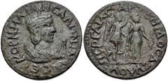 Salonina. Augusta, AD 254-268. Æ 11 Assaria (31mm, 14.45 g, 7h). Perge (Pamphylia) mint. Draped bust right, crescent at shoulders; I (mark of value) before / Nike standing right, crowning Artemis stan
