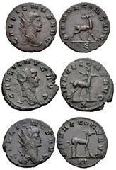 ROMAN. Imperial. Lot of three (3) Antoniniani of Gallienus. All coins: DIANAE CONS AVG types of Gallienus from the Rome mint. Includes: RIC V 177 // RIC V 179 (2). Near VF to VF, brown patinas. LOT SO