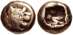 KINGS of LYDIA. Alyattes. Circa 610-560 BC. EL Hemihekte – 1/12 Stater (7mm, 0.92 g). Sardes mint. Head of roaring lion right, with knob on forehead / Incuse square punch. Weidauer 90; Rosen 654; SNG 