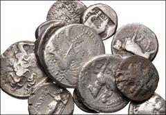 MIXED. Greek-Roman Provincial. Lot of twelve (12) silver and bronze coins. Includes: GREEK: BRUTTIUM, Terina. AR Drachm // CAMPANIA, Neapolis. AR Nomos // LUCANIA, Thourion. AR Nomos // CARTHAGE. Æ //