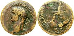 NERO CLAUDIUS DRUSUS, father of Claudius. Died 9 BC. Æ Sestertius (20.79 gm). Struck under Claudius, 41-42 AD. NERO CLAVDIVS DRVSVS GERMANICVS IMP, bare head of Nero Drusus left; c/m: NCAPR / TI CLAVD