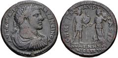 LYDIA, Magnesia ad Sipylum. Caracalla. AD 198-217. Æ (37mm, 27.15 g, 6h). M. Aurelius Gaius, strategos. Laureate, draped, and cuirassed bust right / Amazon standing right, holding pelta (“horned” shie
