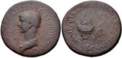 Nero. As Caesar, AD 50-54. Æ Dupondius (31mm, 15.77 g, 6h). Rome mint. Struck under Claudius. Bare head and draped bust of a young Nero left / Simpulum and lituus above tripod and patera respectively.
