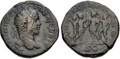 Geta. AD 209-211. Æ Sestertius (32mm, 24.01 g, 6h). Rome mint. Struck AD 211. Laureate head right / Caracalla and Geta, each in military dress and holding a spear, standing vis-à-vis and clasping righ