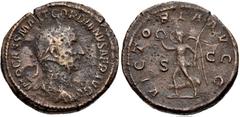 Gordian I. AD 238. Æ Sestertius (32mm, 23.94 g, 11h). Rome mint. Laureate, draped, and cuirassed bust right / Victory advancing left, holding wreath and palm frond. RIC IV 12; Banti 8. Good Fine, brow