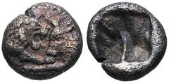 KINGS of LYDIA. Kroisos. Circa 560-546 BC. AR 1/12 Stater (7mm, 0.37 g). Sardes mint. Struck circa 550-546 BC. Confronted foreparts of lion and bull / Incuse punch. Berk 26-7; SNG Kayhan 1020. Fine, t