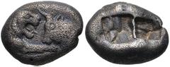 KINGS of LYDIA. temp. Cyrus – Darios I. Circa 545-520 BC. AR Siglos – 1/2 Stater (16mm, 4.98 g). Sardes mint. Struck circa 550-546 BC. Confronted foreparts of lion and bull / Incuse punch. Berk 23; SN