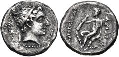 BAKTRIA, Greco-Baktrian Kingdom. Euthydemos I Theos Megas. Circa 225-200/195 BC. AR Hemidrachm (15mm, 1.65 g, 2h). Attic standard. Mint A. Struck circa 225-220/215 BC. Diademed head right, with youthf