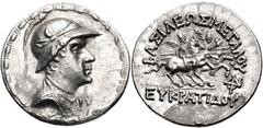 BAKTRIA, Greco-Baktrian Kingdom. Eukratides I Megas. Circa 170-145 BC. AR Tetradrachm (33mm, 16.78 g, 12h). Attic standard. Diademed and draped bust right, wearing crested helmet adorned with bull’s h