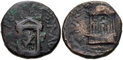 JUDAEA, Caesarea Panias. Diva Poppaea and Diva Claudia. Died AD 65 and AD 63. Æ (18mm, 5.24 g, 12h). Struck AD 65-68. Statue of Diva Poppaea seated left within distyle temple / Statue of Diva Claudia 