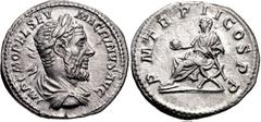 Macrinus. AD 217-218. AR Denarius (19mm, 2.86 g, 6h). Rome mint. 3rd emission, 1st-2nd phase, spring AD 218. Laureate and draped bust right / Macrinus seated left on curule chair, holding globe and sc