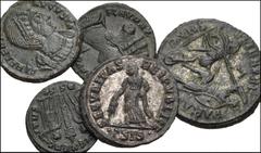 ROMAN. Imperial. Lot of five (5) bronze coins from Helena to Constantius II. Includes: Helena. Æ Follis (2) // Fausta. Æ Follis // Delmatius. Æ Follis // Constantius II. Æ Centenionalis. Average Near 