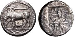 THESSALY, Larissa. Circa 460 BC. AR Drachm (17mm, 5.12 g, 12h). Horse grazing left; above, kerykeion (caduceus) to left; below, spitz-type dog standing left, head right; bow in exergue / ΛARI-SAIO-N (