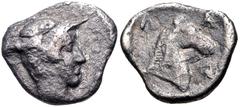 THESSALY, Larissa. Circa 460s BC or circa 440-400 BC. AR Hemiobol (9mm, 0.40 g, 12h). Head of Jason right, wearing petasos / Λ-A-P-I (the P retrograde) around, head and neck of bridled horse right; al