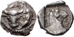 THESSALY, Larissa. Circa 462/1-460 BC. AR Obol (10mm, 0.91 g, 6h). Half-length figure of the hero Thessalos left, restraining head and neck of bull turning to face viewer / ΛΑ (retrograde) downward to