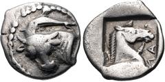 THESSALY, Larissa. Circa 462/1-460 BC. AR Obol (10mm, 0.81 g, 12h). Head and neck of bull left, turning to face viewer; above, dolphin leaping left / ΛΑ upward to right, head and neck of bridled horse