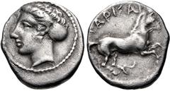 THESSALY, Larissa. Circa 410-405 BC. AR Drachm (18mm, 5.75 g, 12h). Head of the nymph Larissa left, wearing pendant earring, her hair bound in sakkos / ΛAPIΣAI above, bridled horse galloping right. Lo