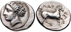 THESSALY, Larissa. Circa 370-360 BC. AR Drachm (20mm, 6.04 g, 5h). Head of the nymph Larissa left, wearing pendant earring, her hair raised and bound at the top of her head; [ΛAPIΣA?] before / ΛAP-I-Σ
