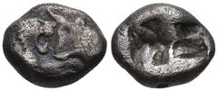 KINGS of LYDIA. Kroisos. Circa 560-546 BC. AR 1/6 Stater (11mm, 1.66 g). Sardes mint. Struck circa 550-546 BC. Confronted foreparts of lion and bull / Double incuse punch. Berk 25; SNG Kayhan 1019. Go
