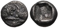 KINGS of LYDIA. Kroisos. Circa 560-546 BC. AR 1/12 Stater (8mm, 0.79 g). Sardes mint. Struck circa 550-546 BC. Confronted foreparts of lion and bull / Incuse punch. Berk 26-7; SNG Kayhan 1020. VF, ton