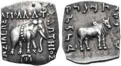 BAKTRIA, Greco-Baktrian Kingdom. Apollodotos I Soter. Circa 180-160 BC. AR Drachm (15mm, 2.25 g, 12h). Indian standard. Elephant right; monogram below / Bull right. Bopearachchi 4F; SNG ANS 328-36. Go