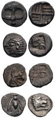 GREEK. Miscellaneous. Lot of four (4) AR Fractions. Includes: THRACE, Apollonia Ponticka. AR Tetartemorion // IONIA, Kolophon. AR Tetartemorion. SNG Kayhan 343-54 // IONIA, Teos. AR Hemitetartemorion.