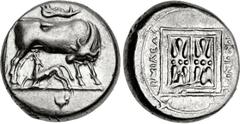KINGS of ILLYRIA. Monounios. Circa 305/0-280/75 BC. AR Stater (20mm, 10.70 g, 1h). Cow standing right, looking back at suckling calf standing left below; above, jawbone of boar right / Double stellate