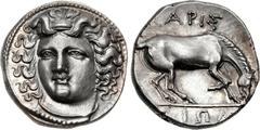 THESSALY, Larissa. Circa 356-342 BC. AR Drachm (17mm, 6.06 g, 7h). Late facing head type. Head of the nymph Larissa facing slightly left, hair in ampyx, wearing single-pendant earring and plain neckla
